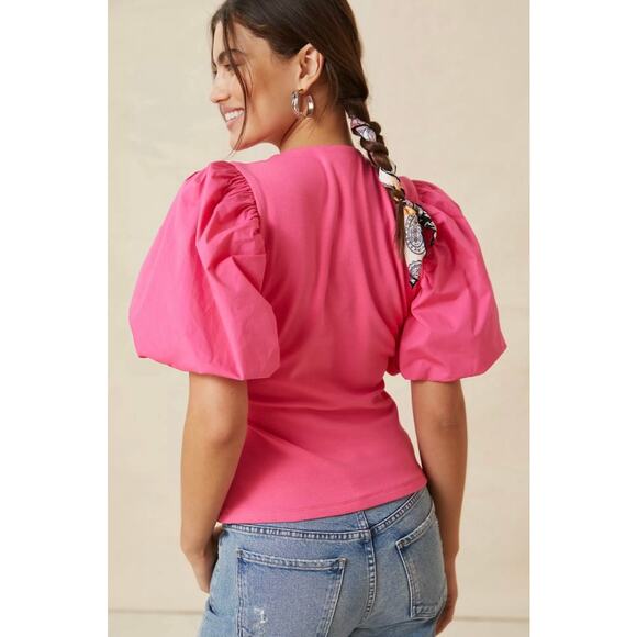 Anthropologie Maeve Hot Pink Puff Sleeve Wrap‎ Top sz XS BARBIE - Picture 2 of 8